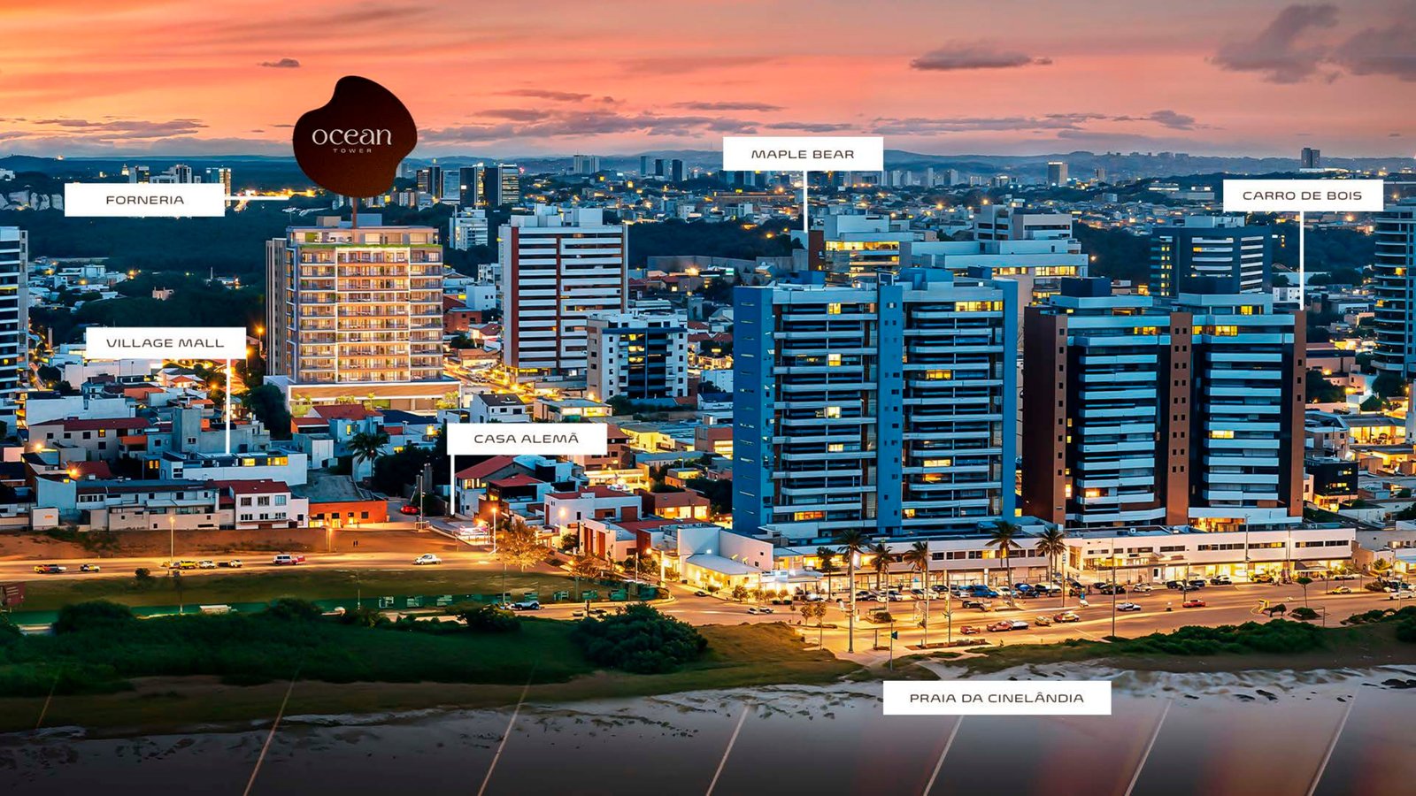 Vista aérea noturna da localização